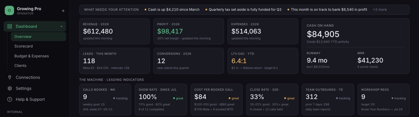 The CEO Dashboard showing revenue, profit, cash, leads, and leading indicators on one screen